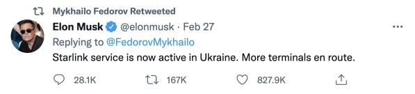 Elon Musk shipped Starlink to Ukraine for the request of Mykhailo Fedorov