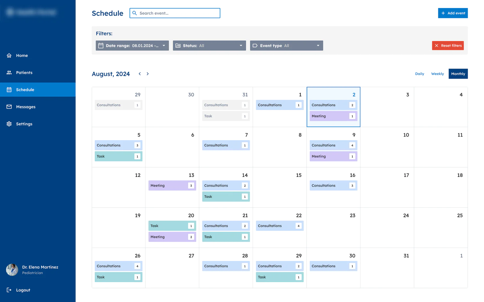 Example of EHR system with a calendar
