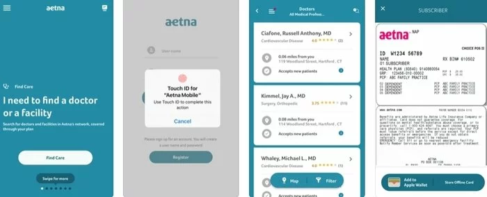 Interface of Aetna healthcare mobile app developed for iOS platform