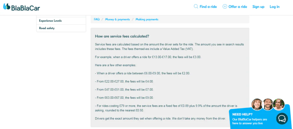 A BlaBlaCar ride-sharing service fee model in the UK