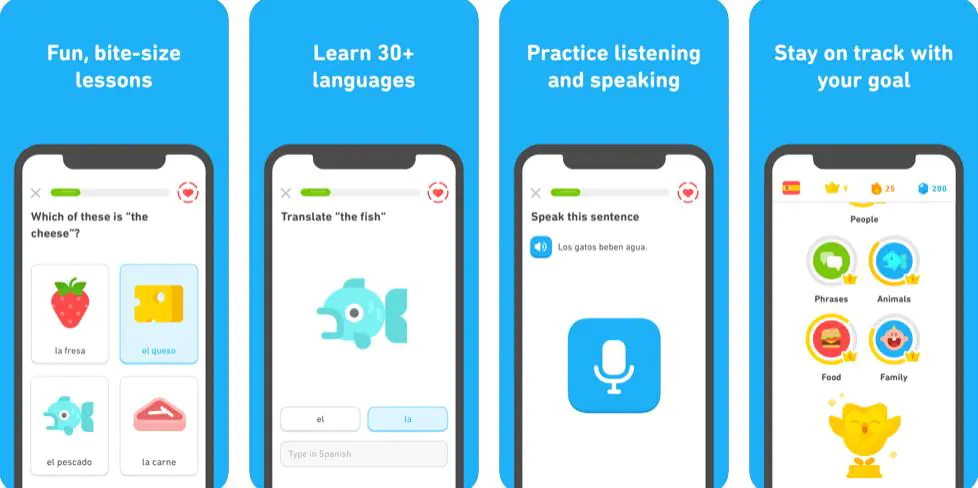 Screenshots of Duolingo educational application for iOS