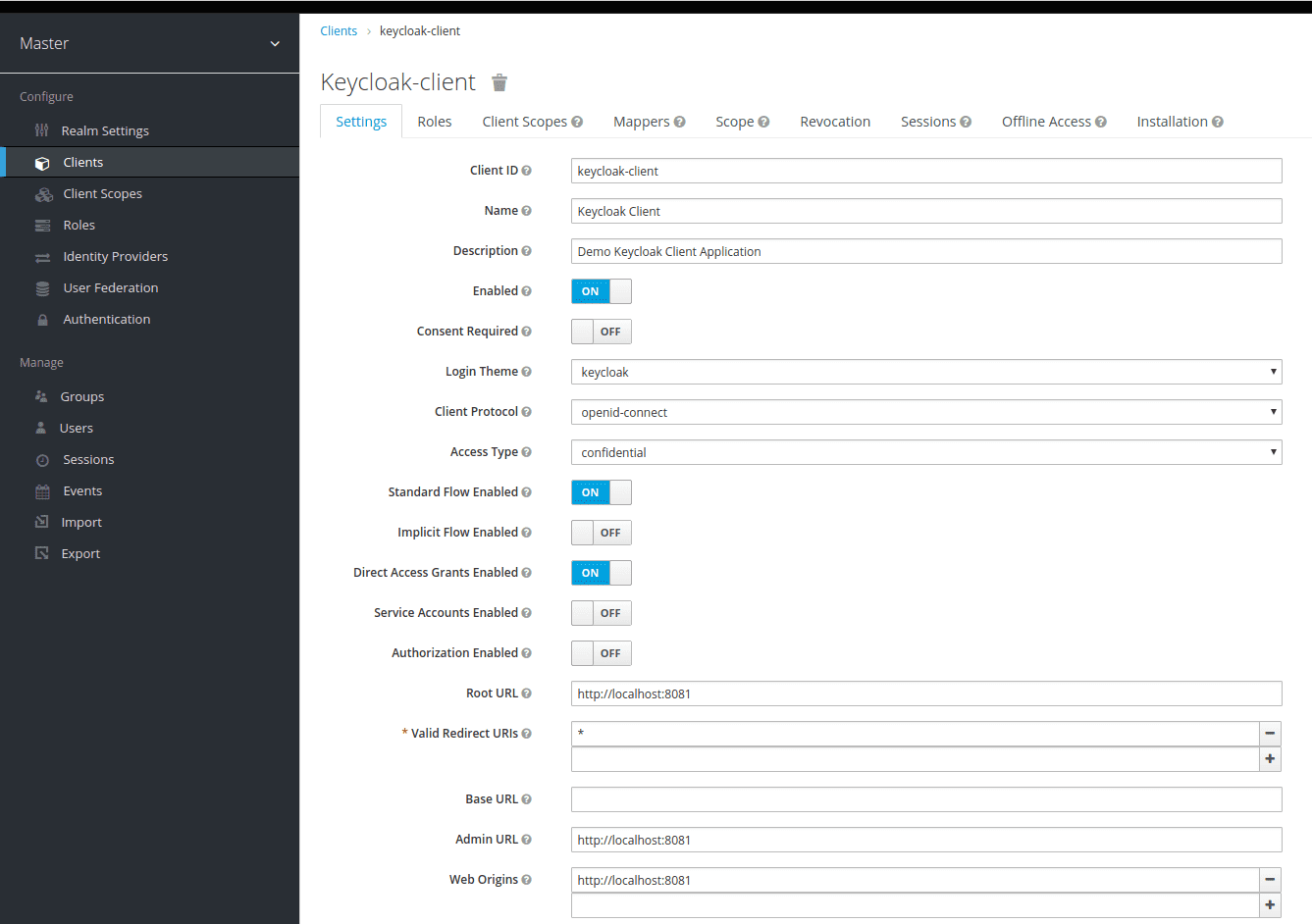 Keycloak Client configuration