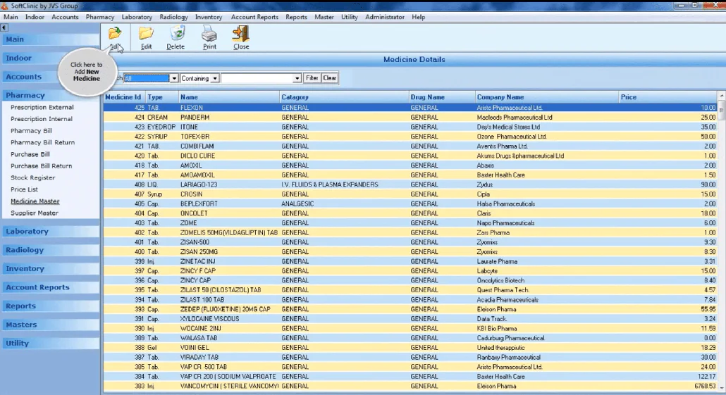 Interface of the SoftClinic hospital management software