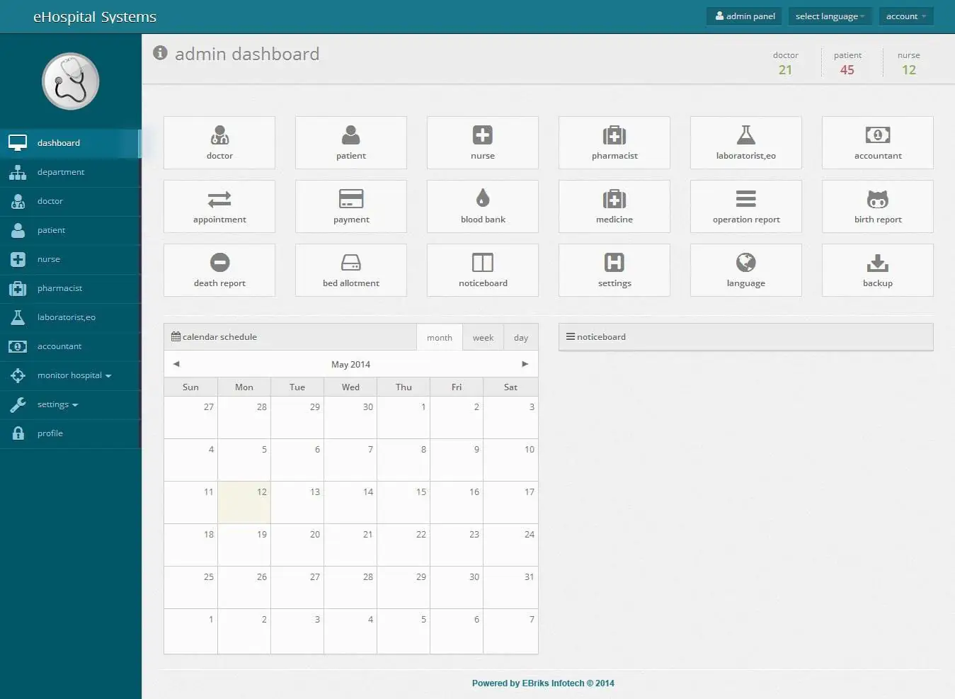 Interface of the eHospital clinic management system