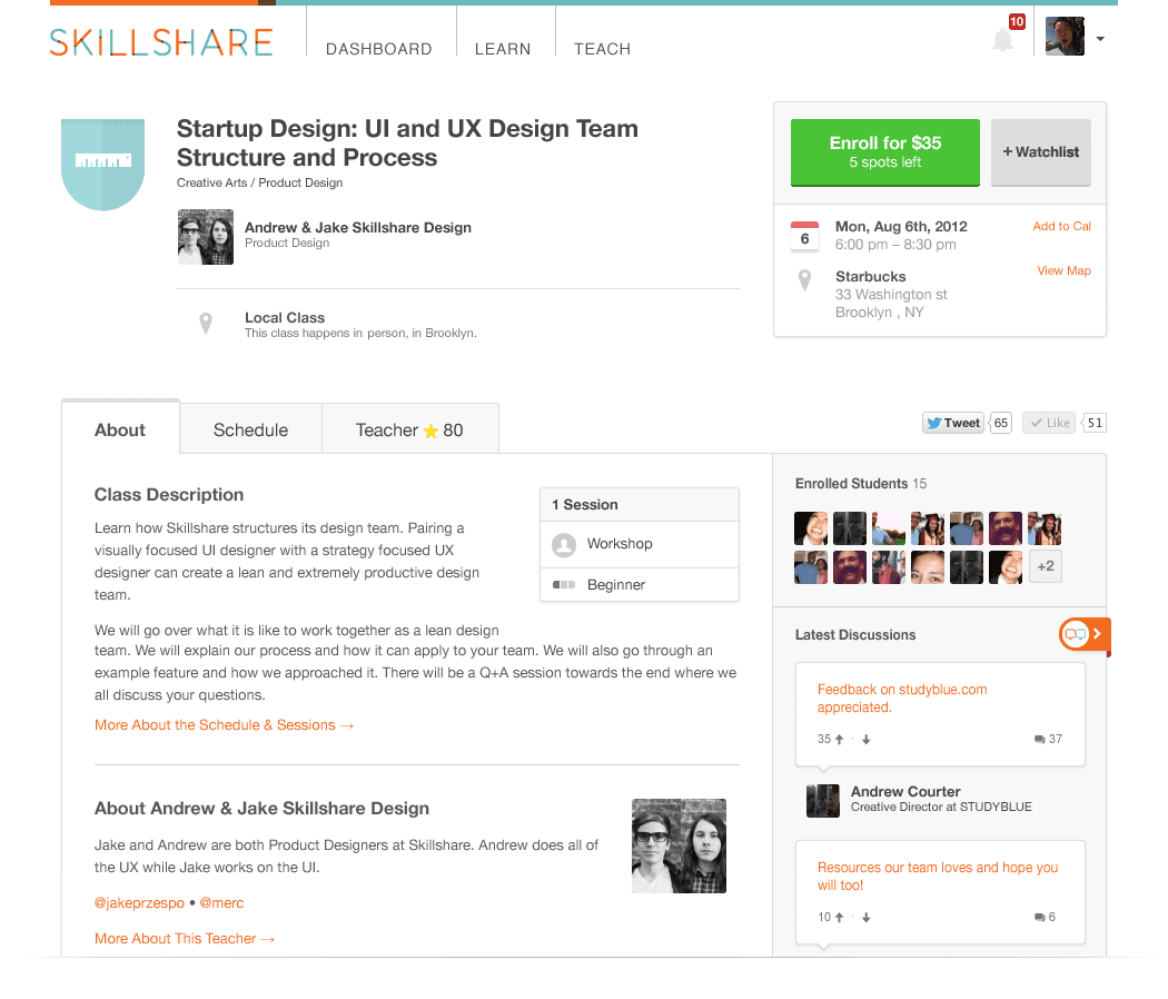 Interface of the online learning platform Skillshare