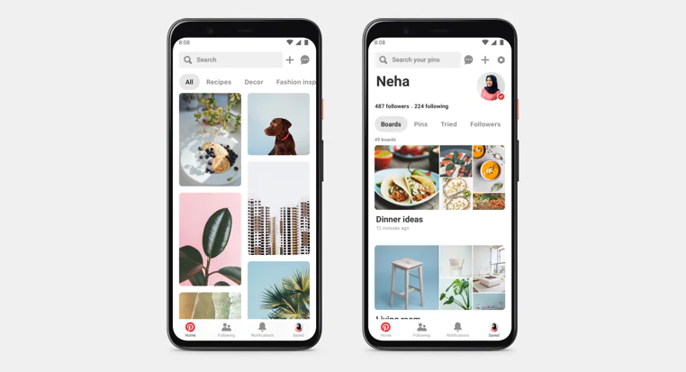 Example of Pinterest’s mobile design