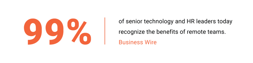 99% of senior technology and HR leaders today recognize the benefits of remote teams. Business Wire 99% of senior technology and HR leaders today recognize the benefits of JavaScript development outsourcing