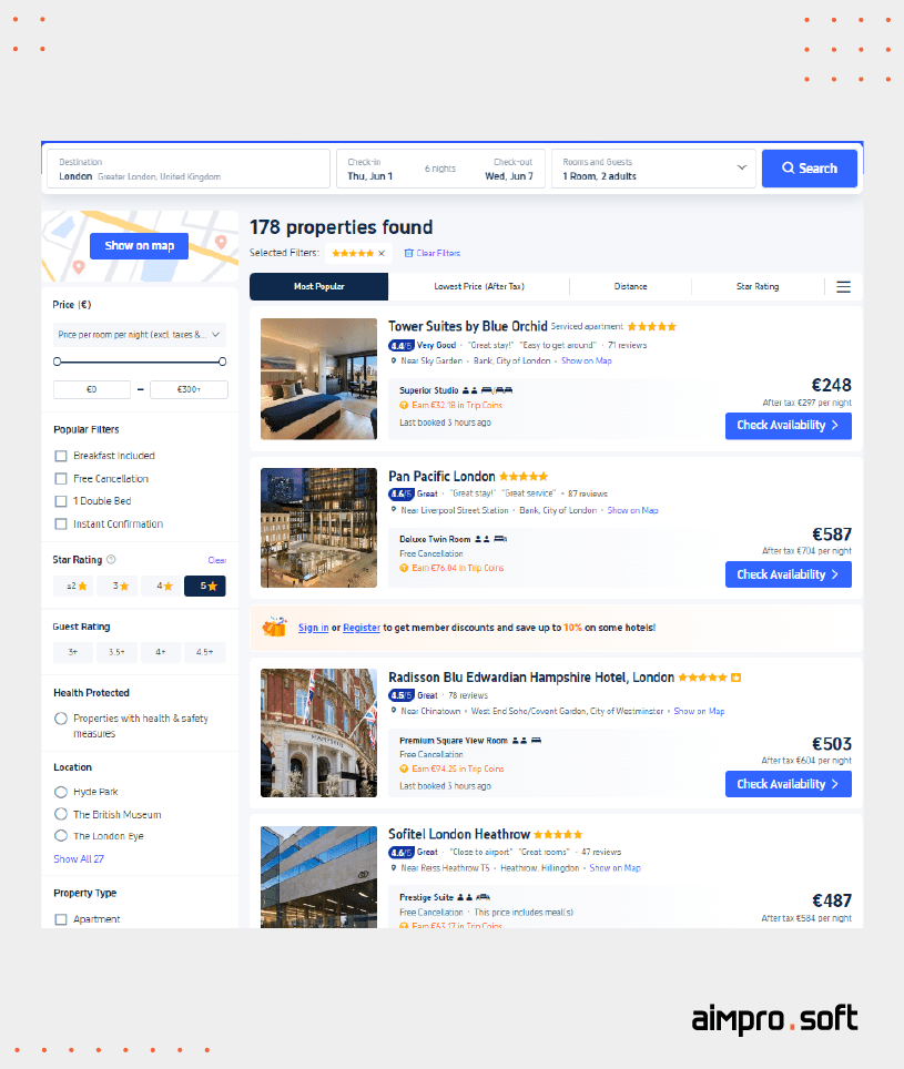 Trip Keywords, star rating, price range and other filters on Trip