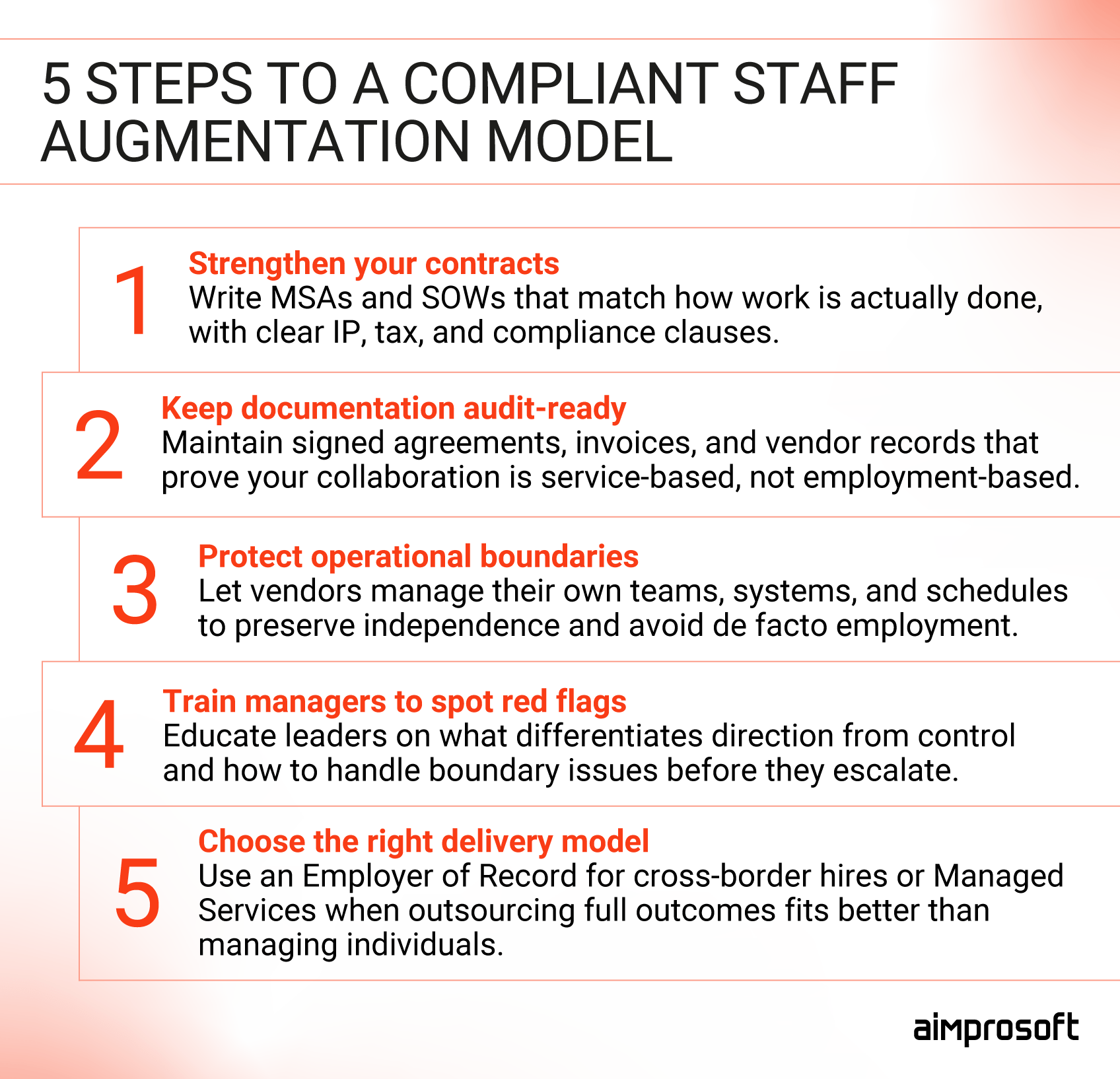 Steps to avoid employee misclassification Steps to a compliant staff augmentation